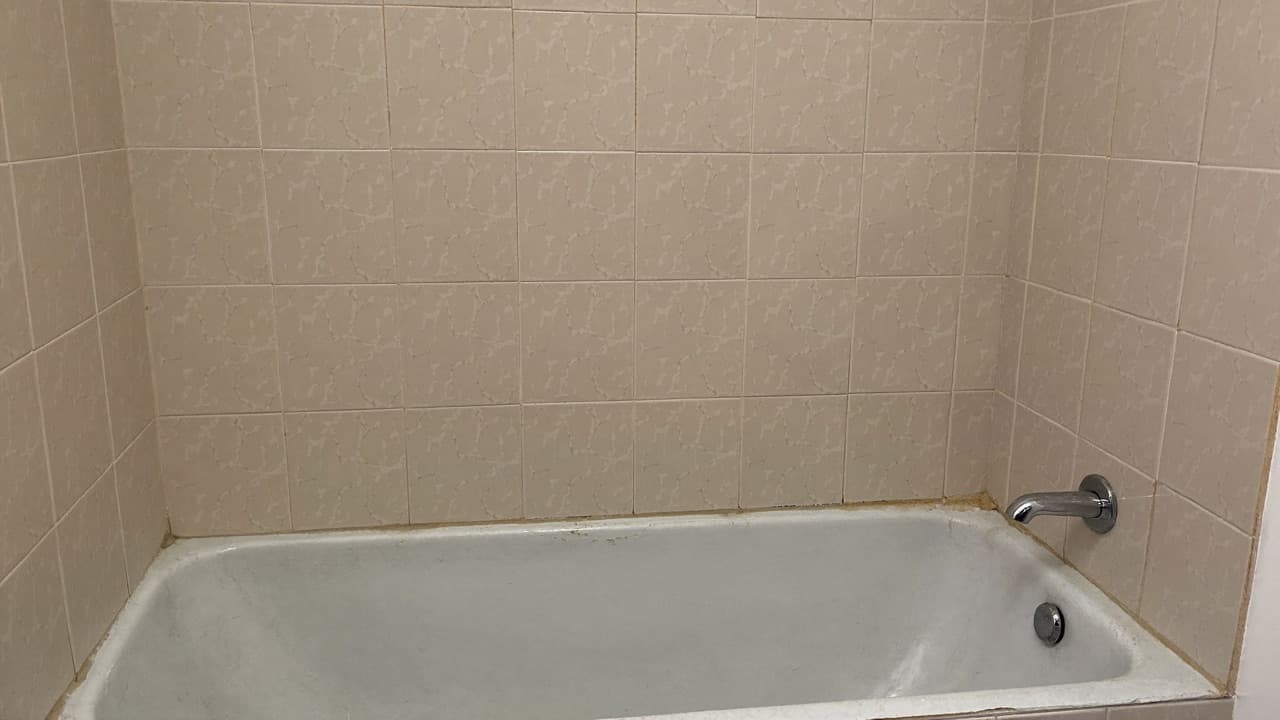 Bathroom wall tiles with worn grouting near shower