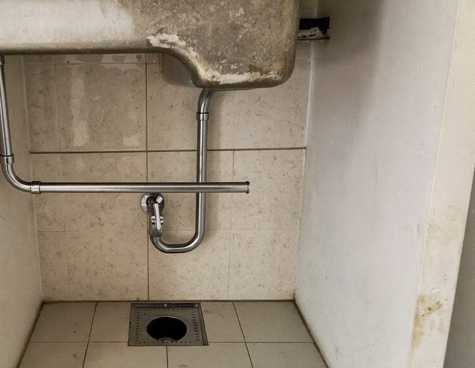 Under-sink kitchen plumbing with P-trap